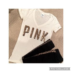 VS Pink Off-White Gold Sequined V-neck & Leggings